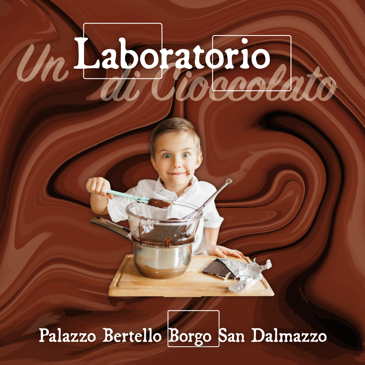 Grafica dedicata ai laboratori per bambini di Un Borgo di Cioccolato, che si terrà a Borgo San Dalmazzo l'11 e il 12 marzo 2023