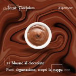 Immagine con la grafica di Un Borgo di Cioccolato 2023 che rappresenta una mousse al cioccolato, degustabile al punto due del percorso (via garibaldi angolo via ghibaudo)