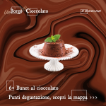 Immagine con la grafica di Un Borgo di Cioccolato 2023 che rappresenta un budino al cioccolato, degustabile al punto 6 del percorso (via roma all'altezza della torre civica)