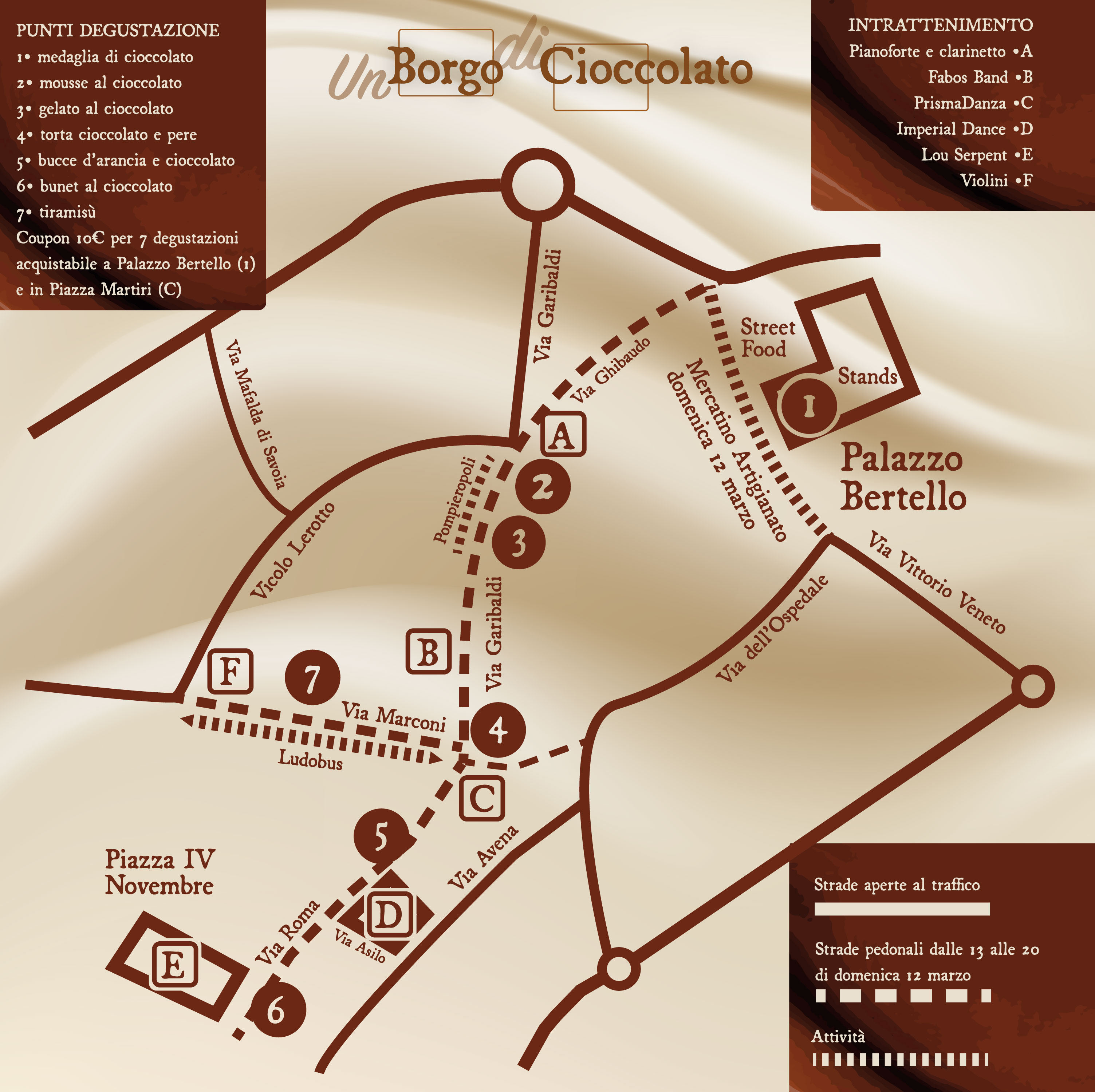 Immagine che rappresenta la mappa di un Borgo di Cioccolato, vale a dire una cartina stilizzata di Borgo San Dalmazzo con i punti di interesse della manifestazione