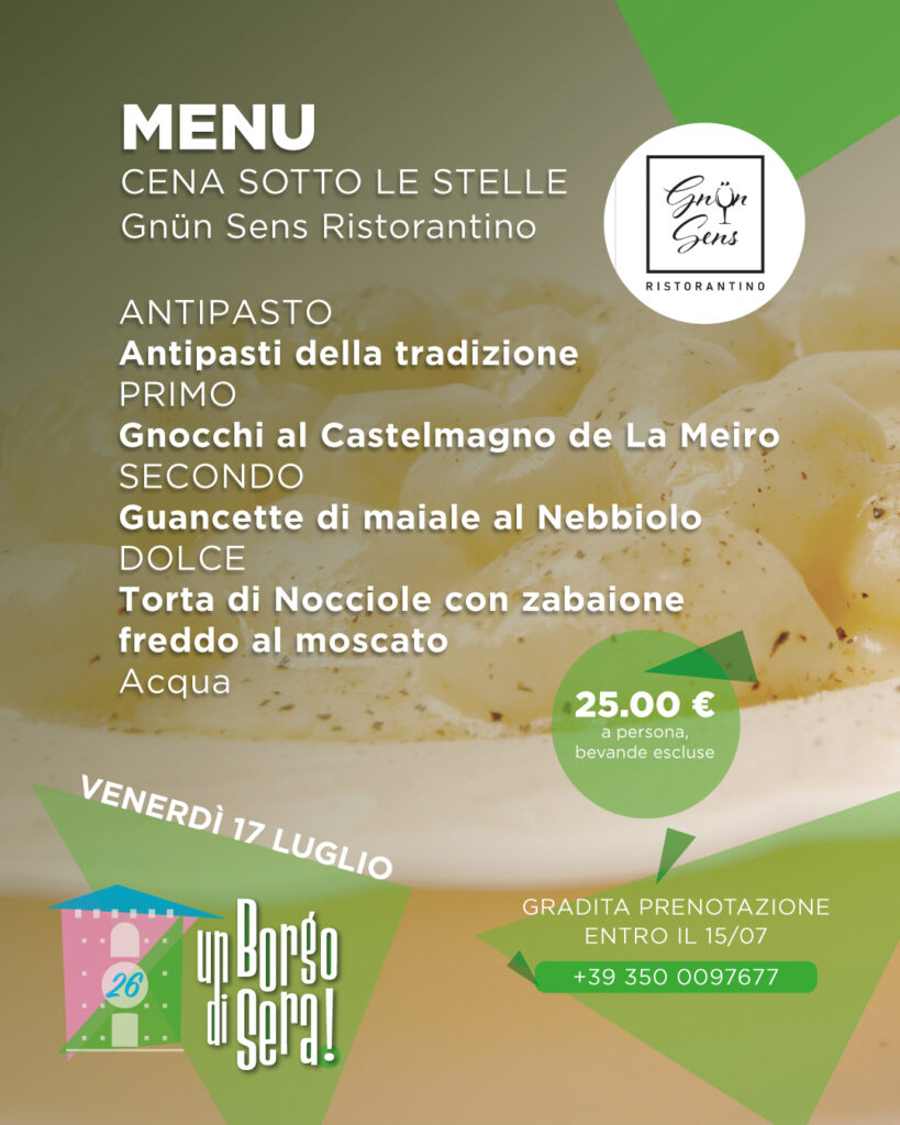 menu della cena sotto le stelle della serata verde organizzata dal ristorante GNUN SENS. 